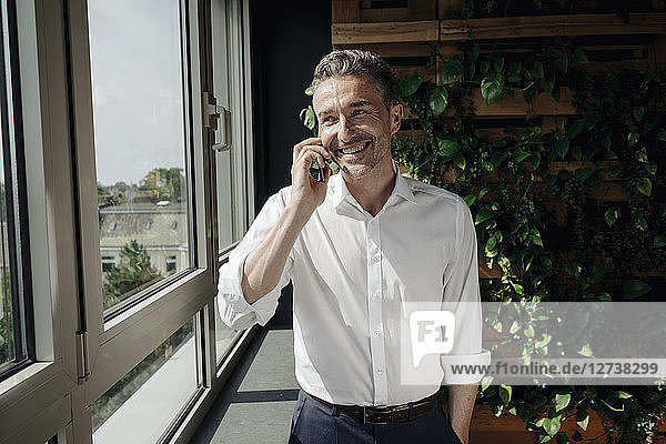 Smiling businessman on cell phone at the window