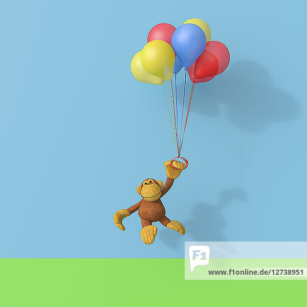 3D rendering  Monkey flying on bunch of balloons