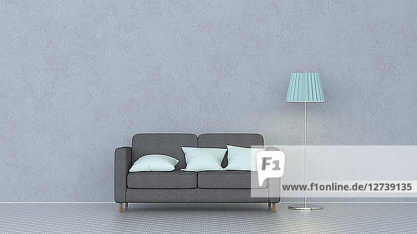 3D rendering  Couch with cushions and floor lamp