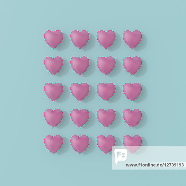 3D rendering  Rows of pink hearts on blue background