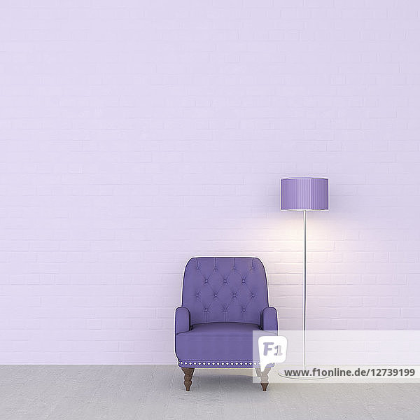 3D rendering  Purple armchair and floor lamp against wall