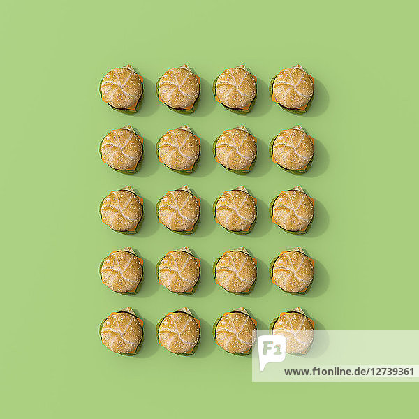 3D rendering  Rows hamburgers of on green background