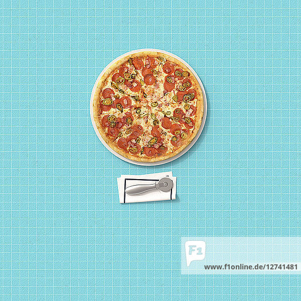 3D rendering  Pizza and cutter on chequered table cloth