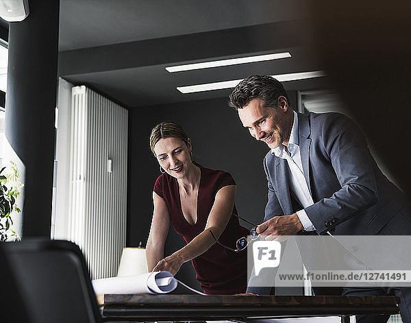 Smiling businesswoman and businessman in office discussing plan on desk