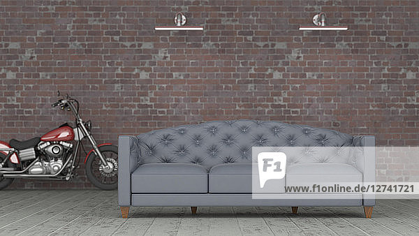 3D rendering  Grey couch in front of brickwall with motorbike in background
