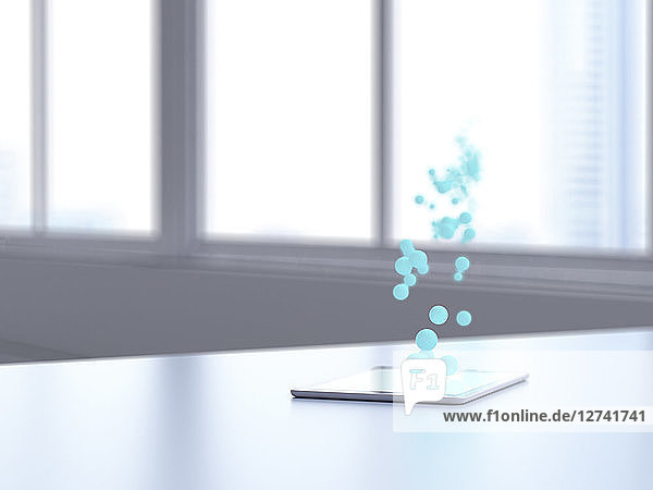 3D rendering  Blue bubbles transferring data from digital tablet