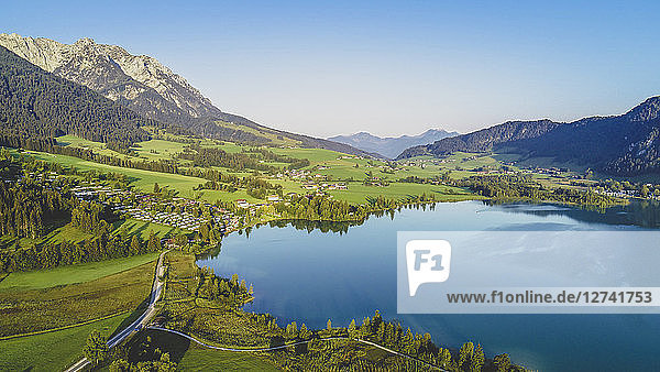 Austria  Tyrol  Kaiserwinkl  Aerial view of lake Walchsee
