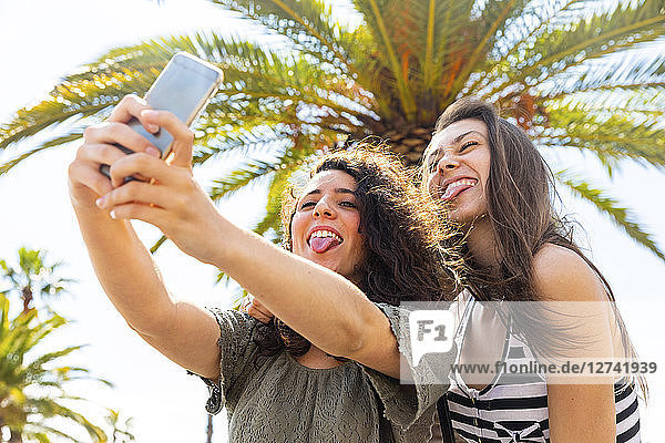 Two playful female friends taking a selfie under a palm tree
