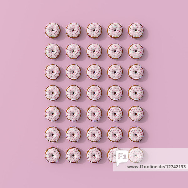 3D rendering  Rows donuts of on pink background