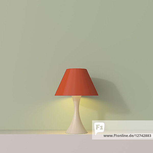 3D rendering  Table lamp on shelf with red lampshade