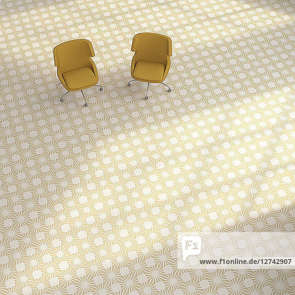 3D rendering  Two yellow chairs on patterned floor