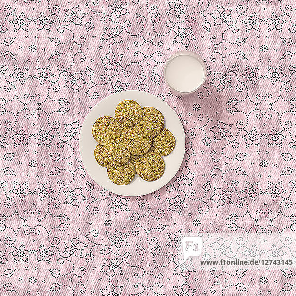 3D rendering  Oatmeal cookies on table cloth with floral pattern