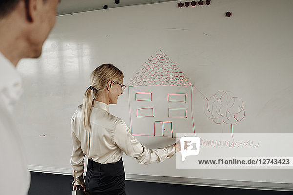 Businesswoman drawing house on whiteboard