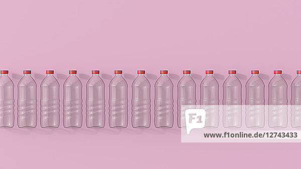 3D rendering  Row of plastic bottles on pink background