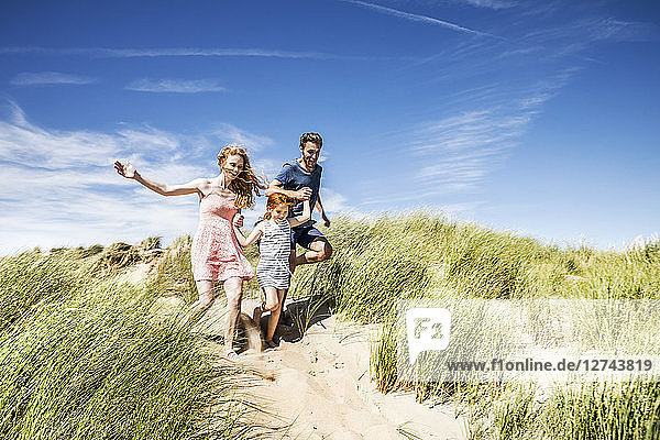Netherlands  Zandvoort  happy family with daughter running in beach dunes