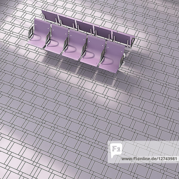 3D rendering  Purple row of seats on tiled floor