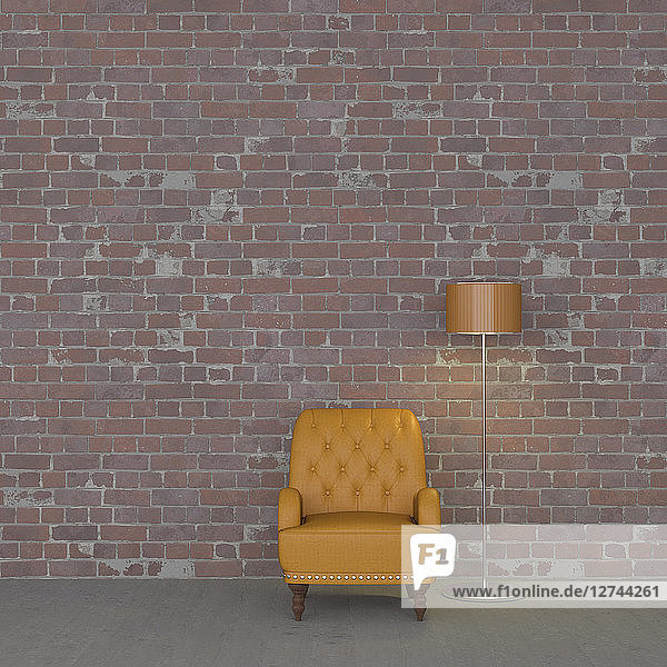 3D rendering  Leather armchair and floor lamp against brickwall
