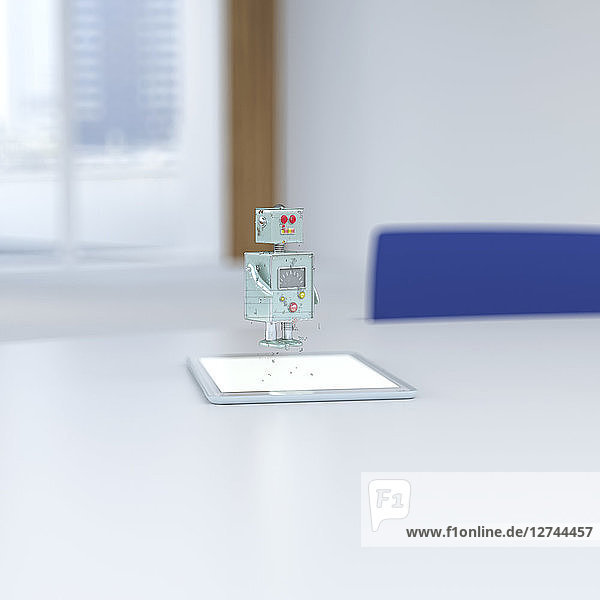 3D rendering  Little robot coming out of digital tablet on desk