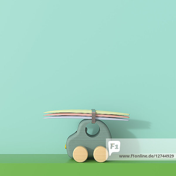 3D rendering  Toy car with surfboards going on holiday