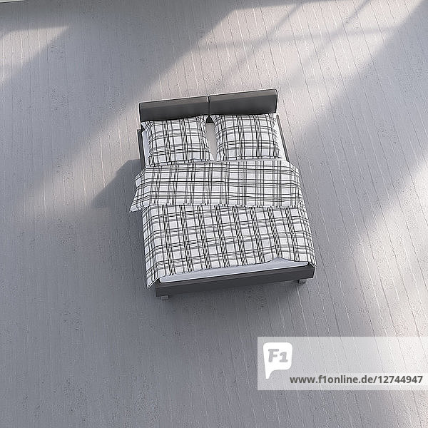 3D rendering  Bed with chequered bedding on concrete floor