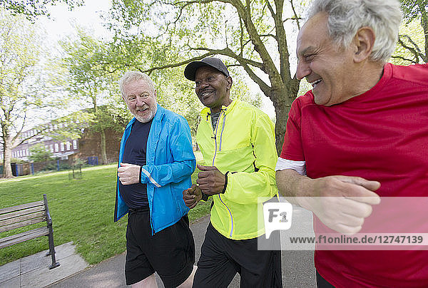 Active senior men friends power walking in park