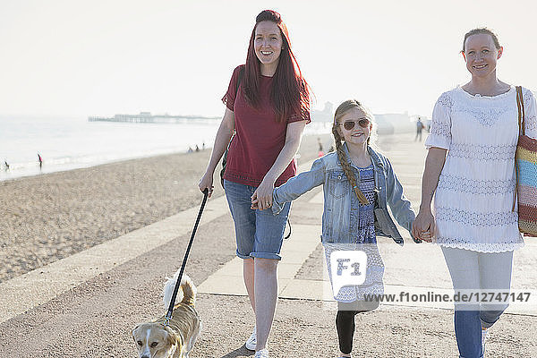 Affectionate lesbian couple with daughter and dog walking on sunny beach boardwalk