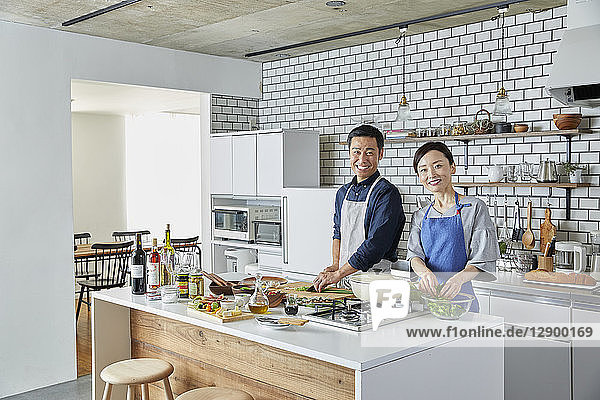 Japanese mature couple in the kitchen