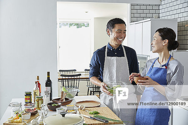 Japanese mature couple in the kitchen