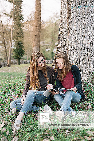Freundinnen lesen Buch im Park