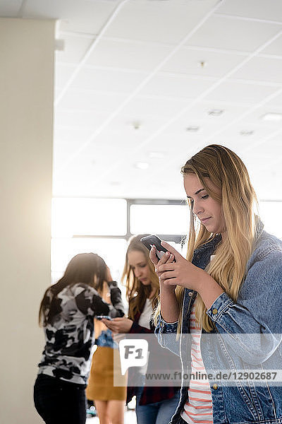 Studentinnen betrachten Smartphones auf dem Flur der Universität