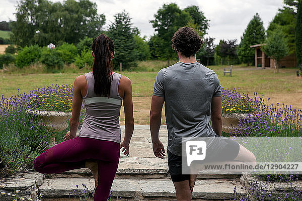 Yoga praktizierender Mann und Frau im Garten  Rückansicht der Baumstellung