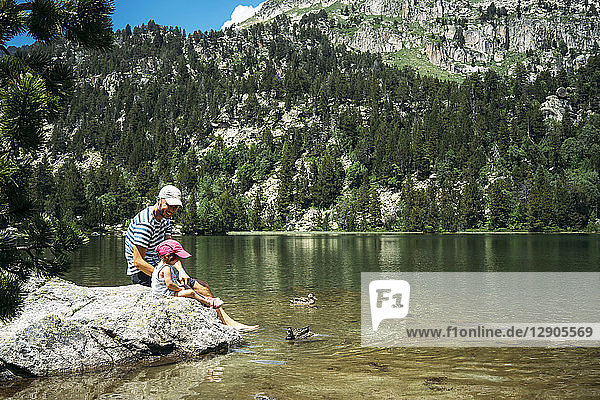 Spain  Father and daughter sitting on a rock at a mountain lake  feeding ducks