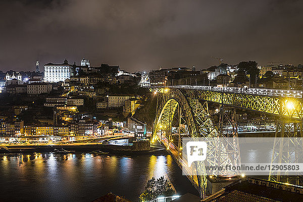 Portugal  Porto  view to the city and Ponte Luiz I Bridge over Douro river at night from Vila Nova de Gaia
