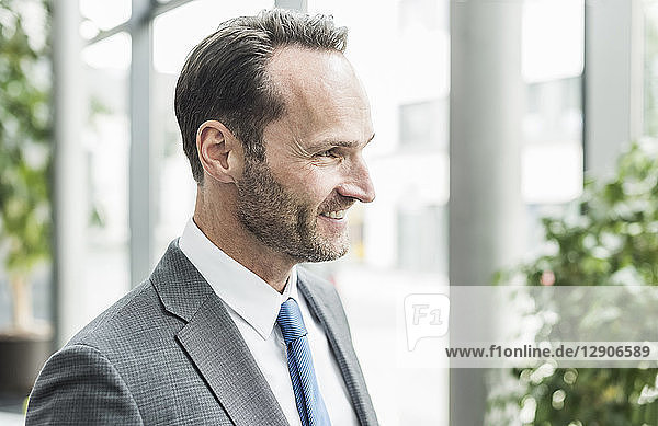 Portrait of smiling businessman with stubble looking at distance