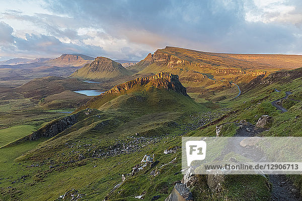 UK  Scotland  Inner Hebrides  Isle of Skye  Trotternish  morning mood above Quiraing  view towards Loch Cleat