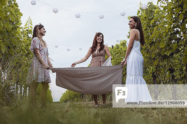 Friends spreading picnic blanket in decorated vineyard