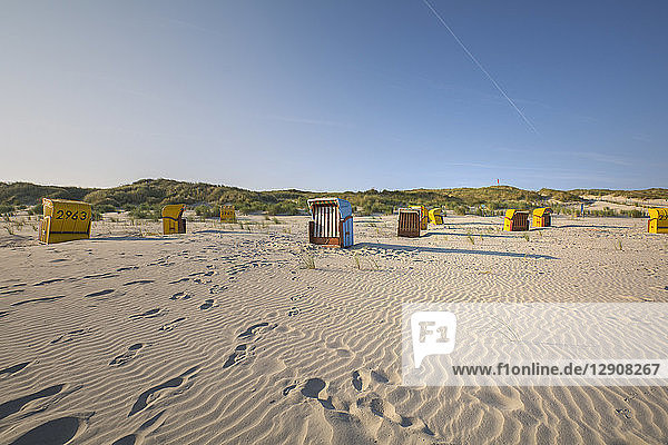 Germany  Lower Saxony  East Frisian Island  Juist  hooded beach chairs on the beach