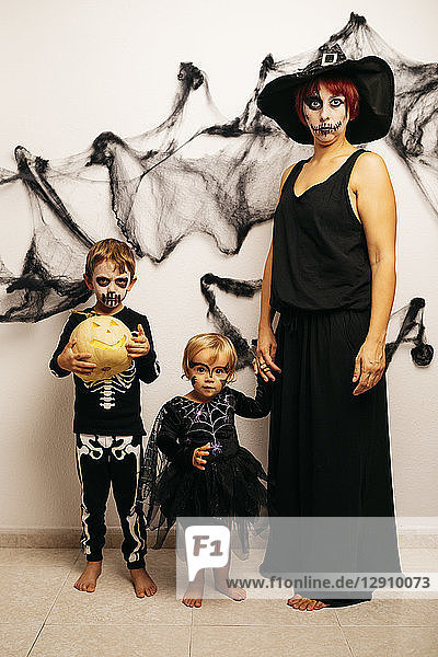 Mother and her two children dressed up for Halloween