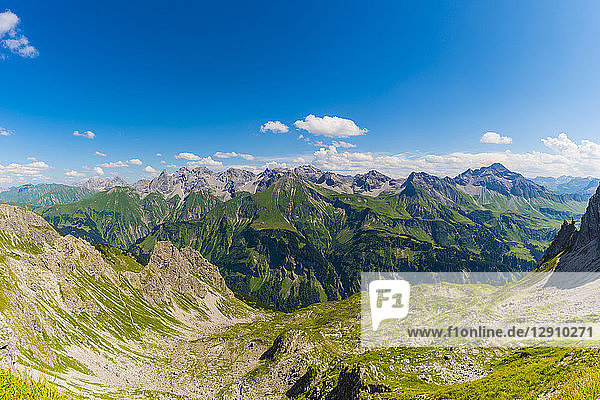 Germany  Bavaria  Allgaeu  Allgaeu Alps  panoramic view of Allgaeu main ridge from Krumbacher Hoehenweg