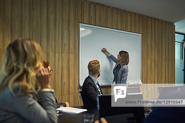 Business people looking at businesswoman writing on whiteboard