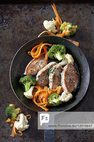 Fillet of turkey and vegetables in pan