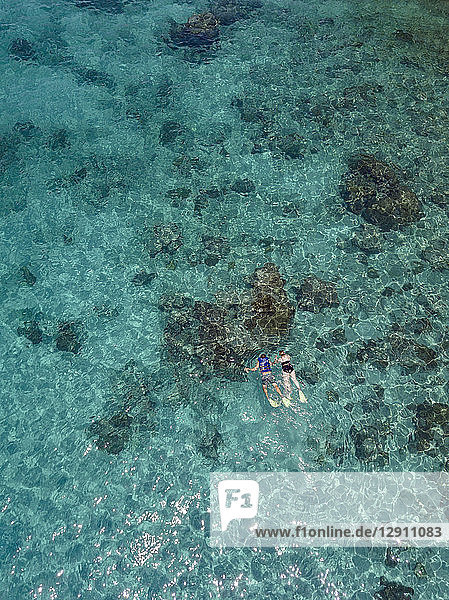 Indonesia  Bali  Aerial view of Blue Lagoon beach  snorkelers