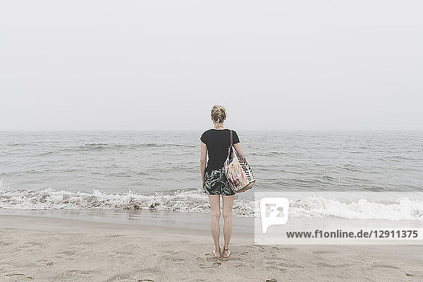 Back view of woman standing on the beach looking at distance