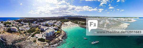 Spain  Mallorca  Portocolom  Aerial view of Punta des Jonc  Bay of Cala Marcal  beach