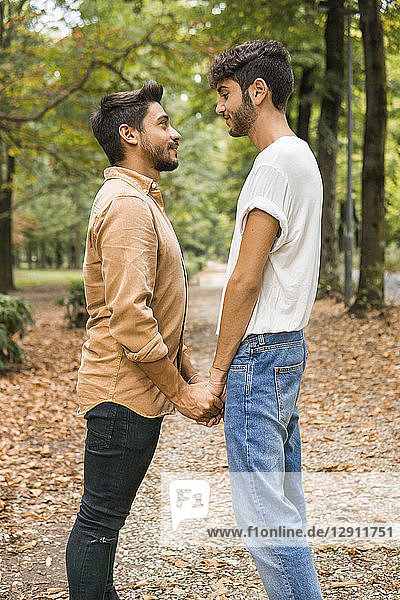 Happy young gay couple holding hands in autumnal park