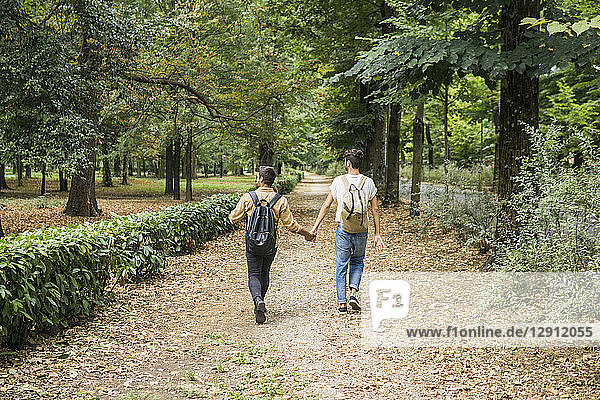 Back view of young gay couple with backpacks walking hand in hand in autumnal park