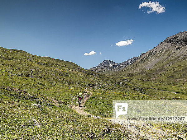 Switzerland  Lower Engadin  mountainbiker on path towards Uina gorge