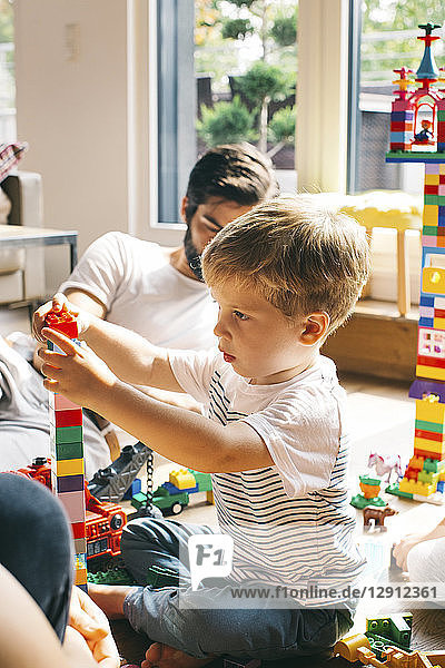 Boy with his family stacking building blocks on the floor