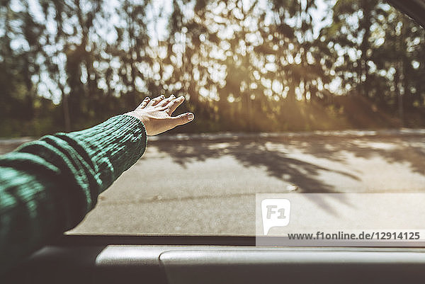 Hand of a woman leaning out of car window