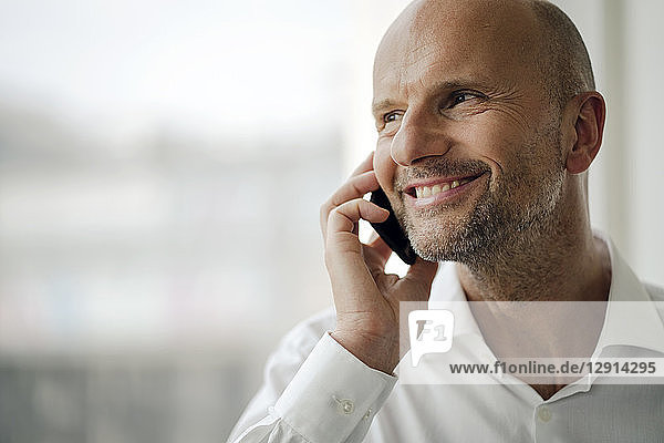 Smiling businessman standing in his office  talking on his mobile phone